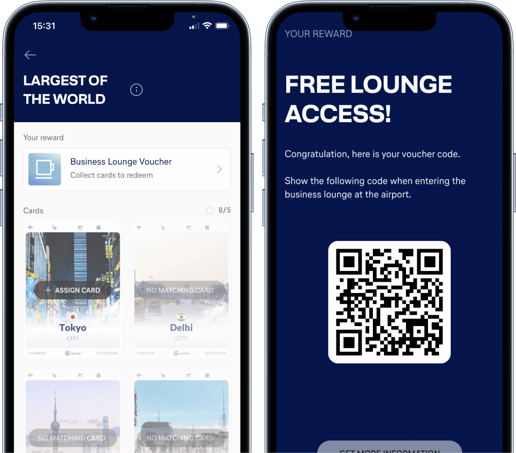 Mobile app showing rewards and lounge access